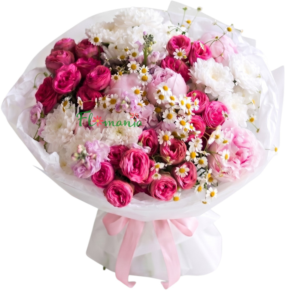 Букет с пионами, кустовыми розами и ромашками «Цветущий май»